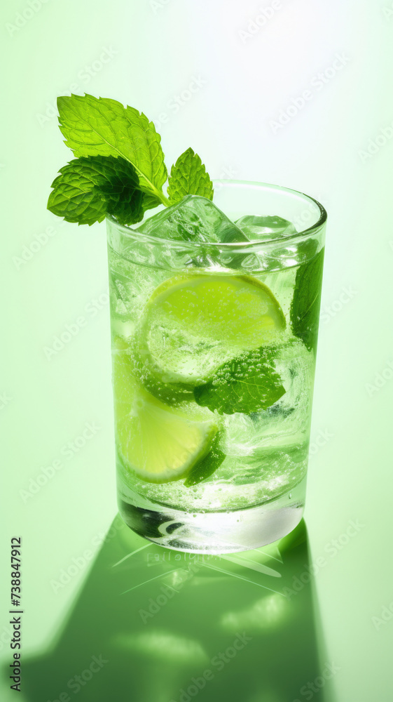 Refreshing Mojito Cocktail with Lime and Mint in Tall Glass with copy space Refreshing Mojito Cocktail with Lime and Mint in Tall Glass with copy space