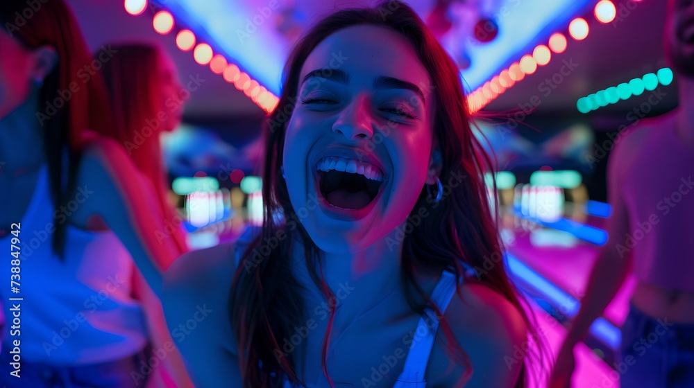 Joyful young woman enjoying a party with friends. candid laughter in vibrant club lighting. fun lifestyle moment captured. vivid celebration scene. casual, youthful energy showcased. AI Joyful young woman enjoying a party with friends. candid laughter in vibrant club lighting. fun lifestyle moment captured. vivid celebration scene. casual, youthful energy showcased. AI