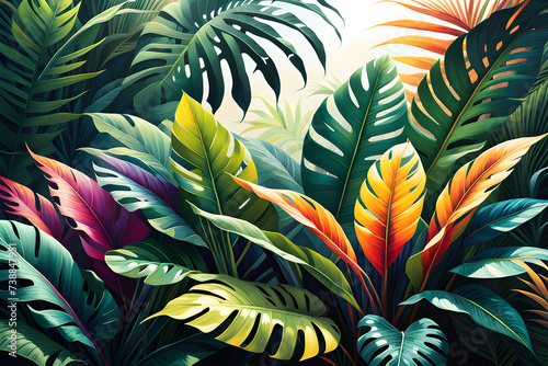 colorful leaves  exotic tropical leaves  multi-colored Generative Ai © Sadee