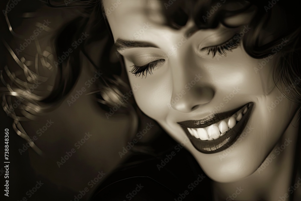 A captivating smile lights up a woman's graceful face. A captivating smile lights up a woman's graceful face.
