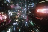 A bustling futuristic cityscape at night with neon lights