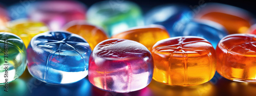 Colorful Translucent Gelatin chewable gummy supplements Background, copy space