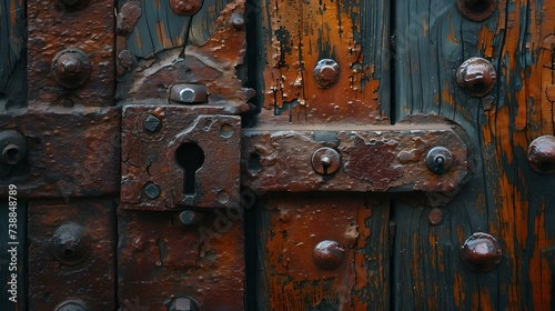 Vintage rusty iron padlock on an old wooden door. weathered texture and antique style details. security and privacy concept. AI