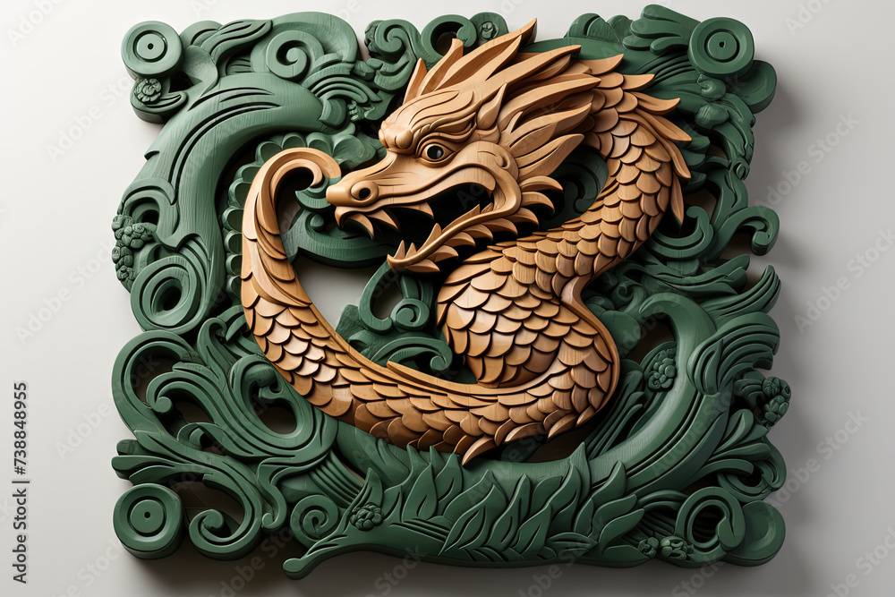 Vivid green and gold dragon design painted on white wall. Intricate details of the dragons scales and wings stand out against clean background Vivid green and gold dragon design painted on white wall. Intricate details of the dragons scales and wings stand out against clean background