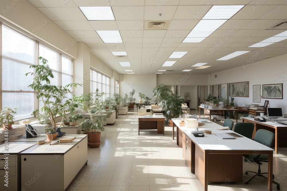 Empty office environment filled with numerous desks and various plants scattered throughout space.