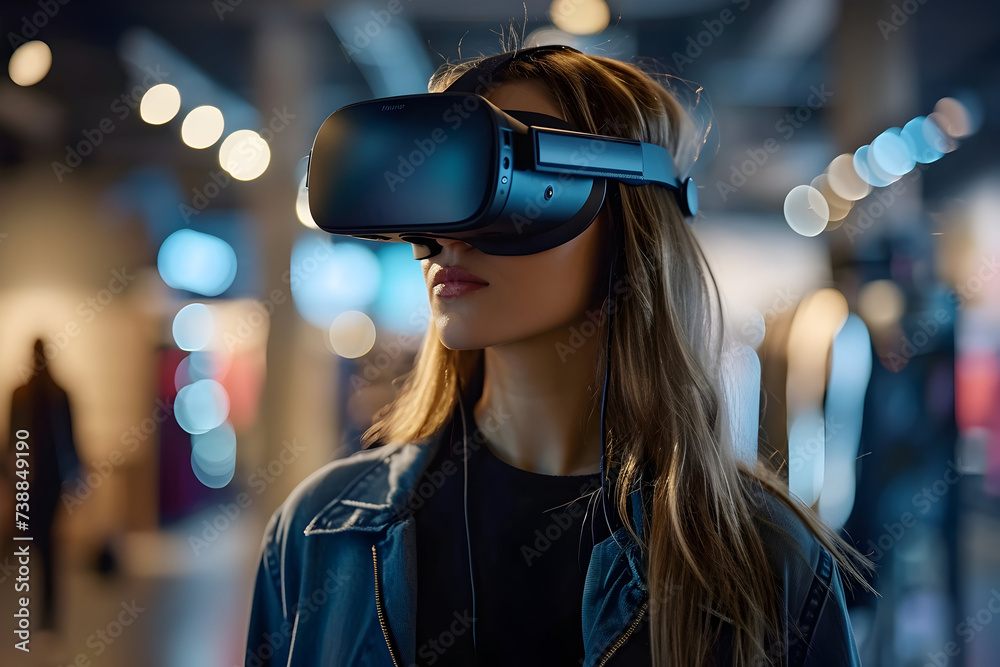 A woman in virtual reality glasses in the market A woman in virtual reality glasses in the market