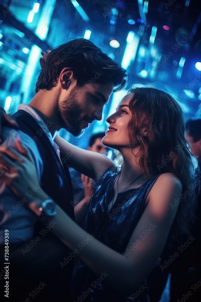 couple in love dancing in night club in crowd. ai generated couple in love dancing in night club in crowd. ai generated