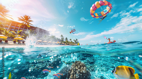 Adventurous water sports at beach hotel vibrant sea life clear blue sky overhead thrill seekers dream © WARIT_S