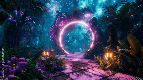 Time travel portal in a vibrant tropical jungle leading to a starry metaverse with futuristic castles