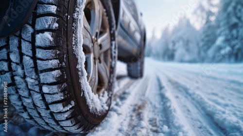 a car tire on a snowy road © VSTOCK