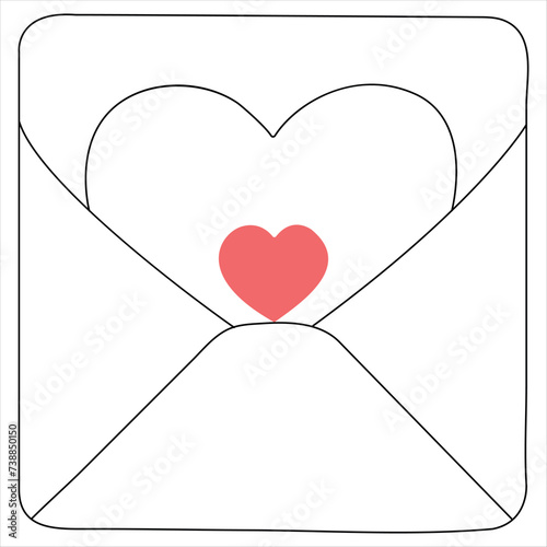 Single line continuous drawing of envelope with red heart and love letter.Template for invitations and love cards outline vector illustration