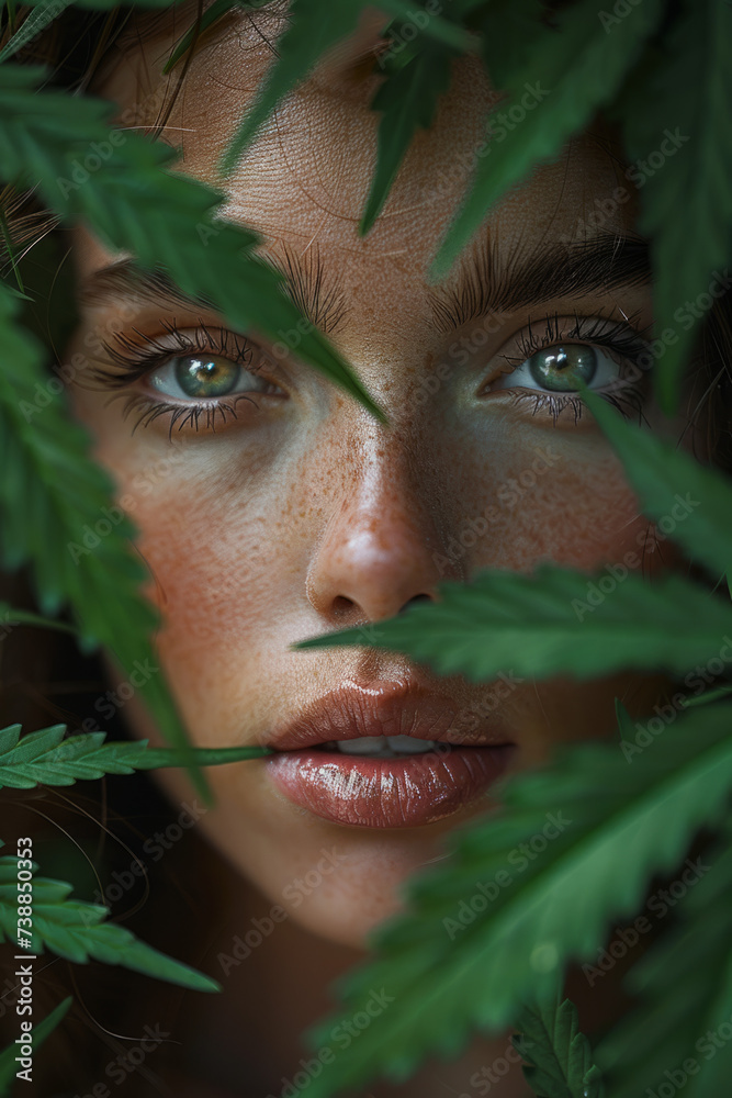 Enigmatic Woman's Face Peering Through Marijuana Leaves