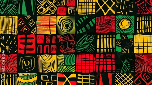 Tribal ethnic african clash seamless background. Red, yellow, green vector symbols, square repeating lines for Black History Month, Juneteenth, Kwanzaa print, banner, wallpaper