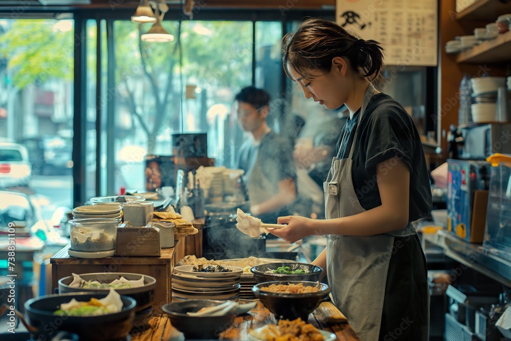 A woman is shown actively preparing food in a restaurant kitchen, focused and skilled in her tasks of cooking and plating dishes for customers.