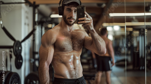 A young muscular handsome man with headphones takes a selfie in the gym