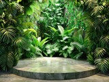A 3D podium that looks like a lush jungle canopy with sounds of wildlife for adventure gear