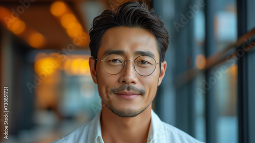 Handsome 45 years old gentle Korean man, wearing glasses, formal slick hairstyle, smooth beardless face in a modern office building, Ai generated image photo