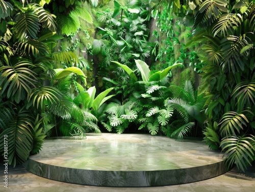 A 3D podium that looks like a lush jungle canopy with sounds of wildlife for adventure gear