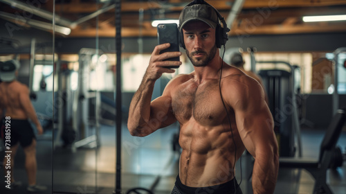 A young muscular handsome man with headphones takes a selfie in the gym