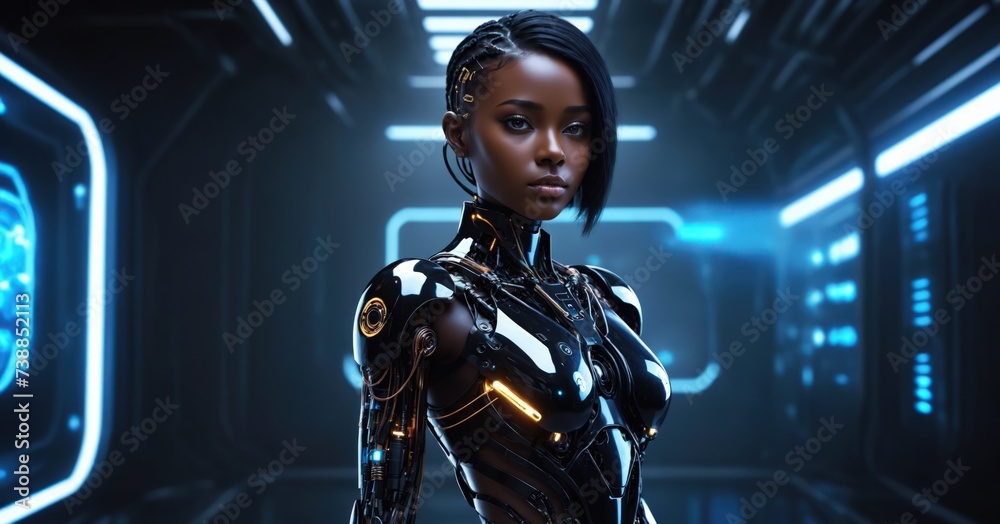 Abstract Cyborg girl on the blurred sci-fi background. Girl robot Android, Chat Bot, Modern Technology, Deep fake background concept image. Artificial intelligence (AI) concept. - obrazy, fototapety, plakaty 