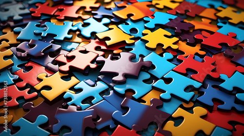 Colorful puzzle background on flat surface, scattered multi-color puzzle pieces