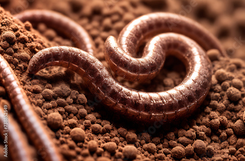 A macro photograph of an earthworm, a terrestrial organism, on dirt resembling a scaled reptile like a snake. photo