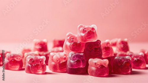 Beautiful advertising photo, pink transparent gummies in the shape of bear heads on a light pink background. Delicious jelly sweets, sugar. photo