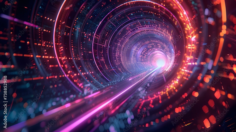 Abstract background technology colorful neon of information big data concept. Fractal Space Binary Code Tunnel