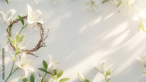 Easter concept, Wooden cross, crown of thorns and blooming lilies on a light background. Postcard template for the religious Great Holiday of Holy Easter photo
