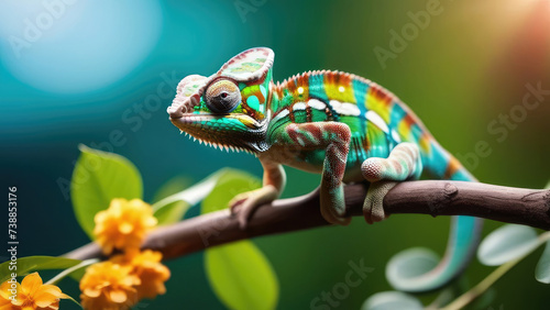 Realistic multicolored chameleon close-up, sitting on a tree branch, variable focus. Concept of advertising banner, postcard. Copy space