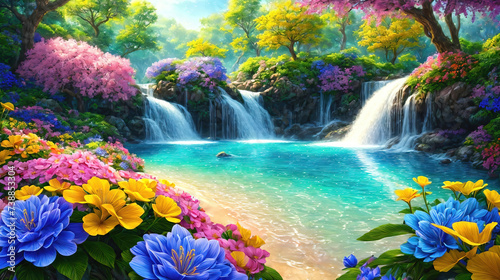 Fantasy waterfall with trees and beautiful flowers, idyllic landscape
