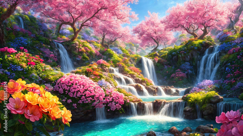 Landscape with beautiful waterfalls and flowers, magical idyllic heavenly view with beautiful fantastic flowers in Eden.