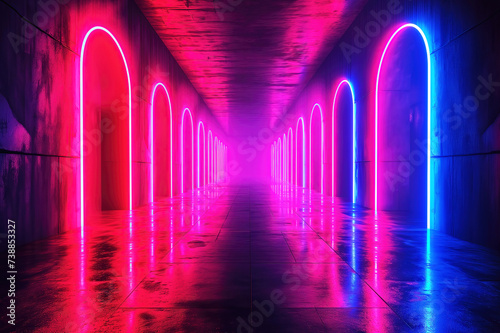 Abstract futuristic background, pink blue neon lights gate photo