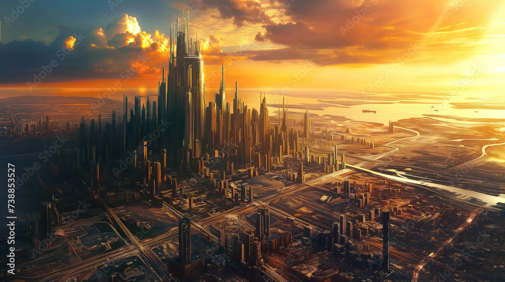 Fototapeta premium Future city 3D scene. Futuristic cityscape illustration with fantastic skyscrapers, towers, tall buildings, flying vehicles. Generative Ai.