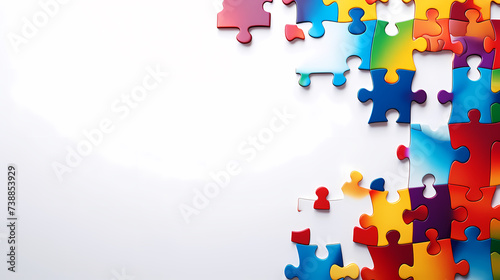 Colorful puzzle background on flat surface, scattered multi-color puzzle pieces