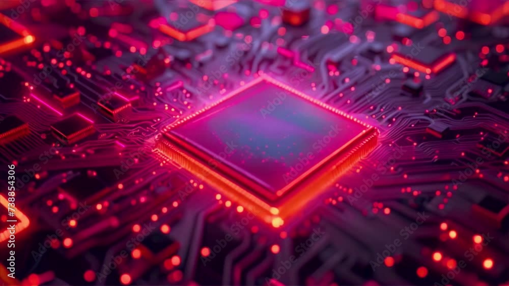 Computer processor with millions of connections and signals animation, futuristic technology cpu background, computer circuit board with moving electrons. Computer processor with millions of connections and signals animation, futuristic technology cpu background, computer circuit board with moving electrons.