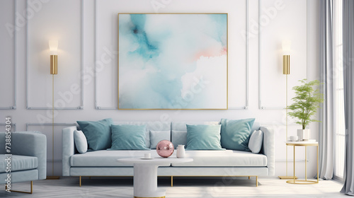living room interior sofa blue and clean room generative ai