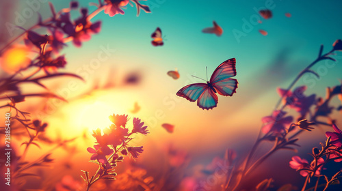 Macro of beautiful butterfly flying near flowers in spring at sunrise on light background © Grumpy