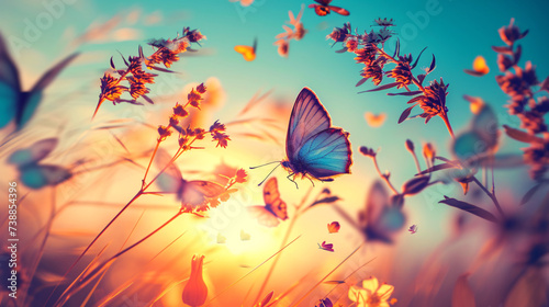 Macro of beautiful butterfly flying near flowers in spring at sunrise on light background