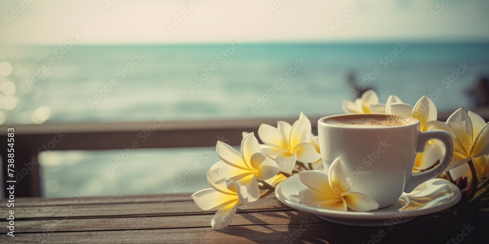 Cup off Coffee and Frangipani Flowers on wooden table with sea view background. Coffee and Plumeria Flowers in summer cafe, outdoors Cup off Coffee and Frangipani Flowers on wooden table with sea view background. Coffee and Plumeria Flowers in summer cafe, outdoors