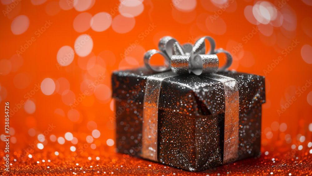 Black-speckled gift box with a silver ribbon on an orange background with glitter Black-speckled gift box with a silver ribbon on an orange background with glitter
