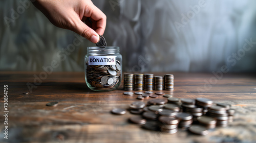 Un bocal en verre étiqueté "donation" rempli de pièces de monnaie avec une main mettant des pièces dedans.
