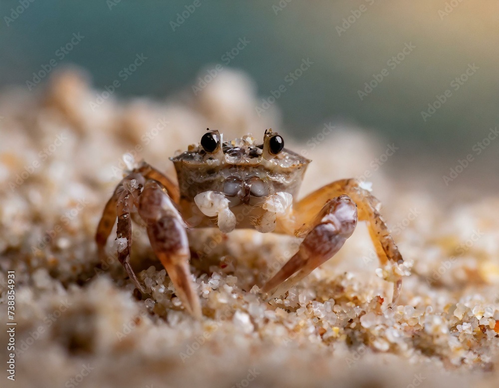 super tiny crab on the sand beach looking into camera