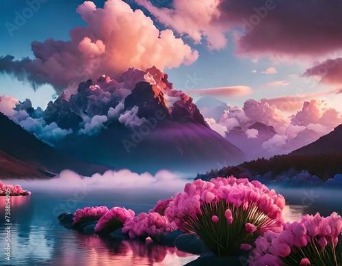 colorful neon mountain view with sunset clouds and fog, concept for freedom and sucess.