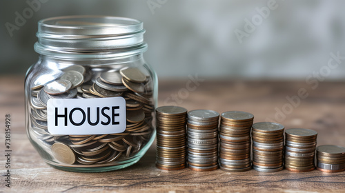 Un bocal en verre étiqueté "maison" rempli de pièces de monnaie avec des piles de pièces à côté.