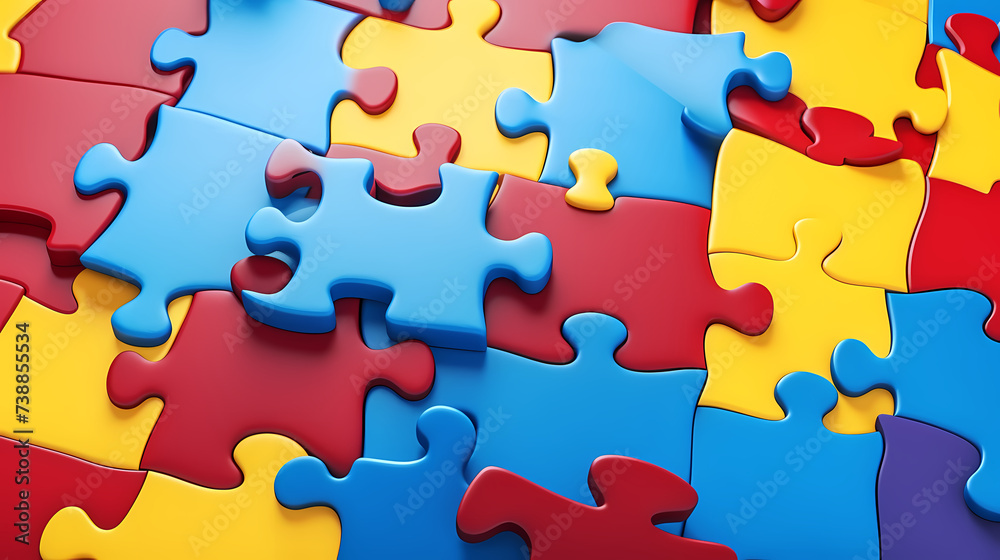 Fototapeta premium Colorful puzzle background on flat surface, scattered multi-color puzzle pieces