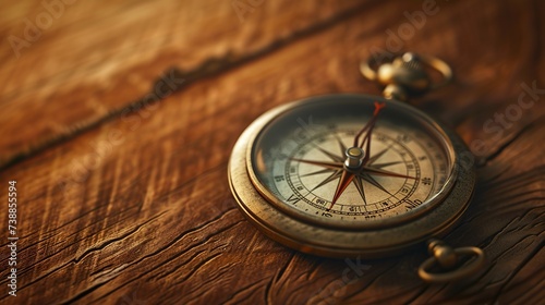 Vintage Navigational Compass on Textured Wooden Surface with Warm Lighting