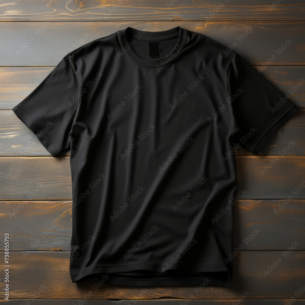 Black t-shirt on dark wooden background. Mockup for design Black t-shirt on dark wooden background. Mockup for design
