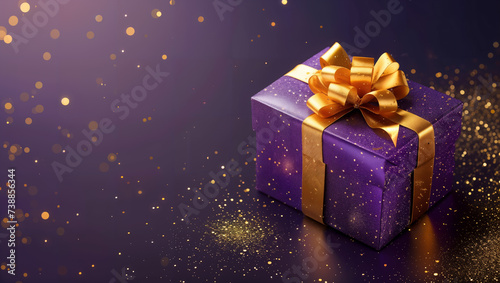 Purple gift box with a golden ribbon on a purple background with light reflections and glitter