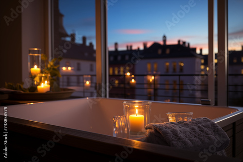A bathtub with candles with a view outside a window during nighttime